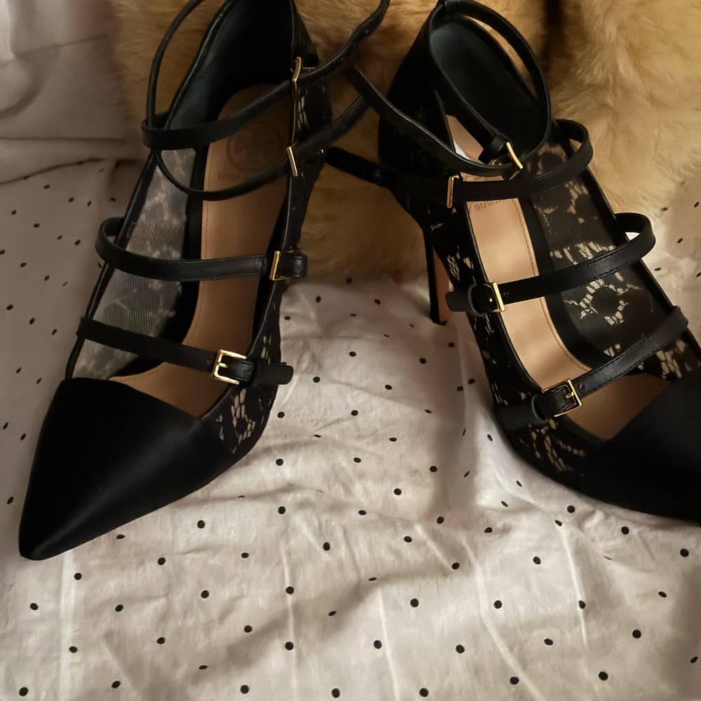 Tory Burch Black Lace-Strap Pointed Toe Heels
